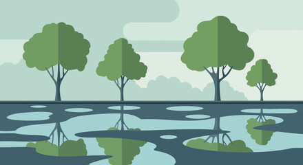 Fototapeta premium Tranquil Reflections Serene Trees After Rain Flat Vector Illustration