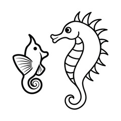 Two cute cartoon seahorses drawn in black and white outline style