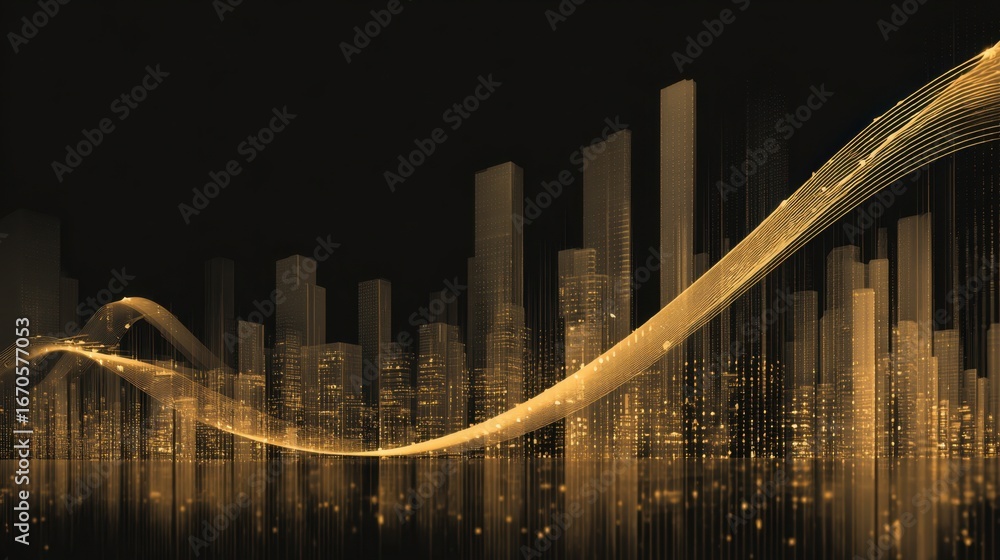 Poster a futuristic cityscape illuminated in golden hues, featuring tall buildings and digital wave pattern