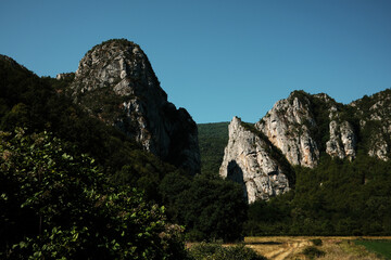 Naklejka premium Majestic rocky peaks rising above dense green forest under a clear blue sky in Stara Planina, Serbia