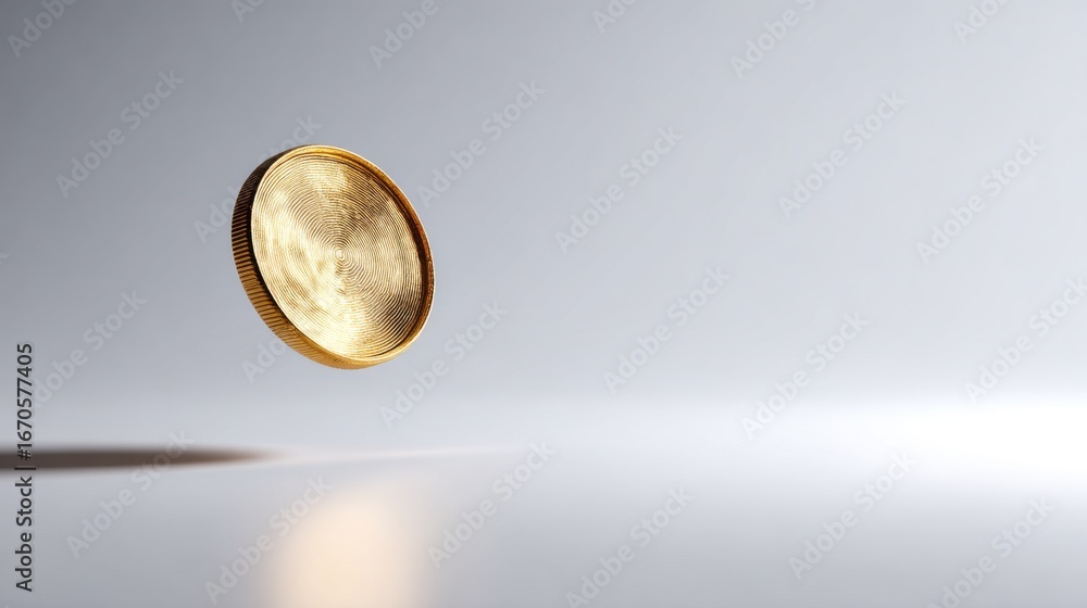 Aufkleber a golden coin appears to hover above a smooth surface, casting a soft shadow in a minimalist setting