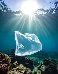 Plastic bag floats in underwater coral reef