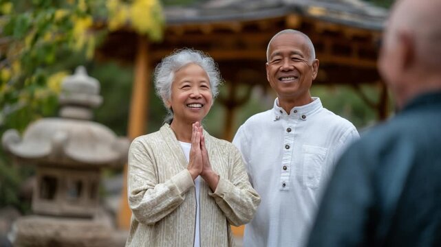 Senior Asian couple practices partner yoga in a serene park setting with a stone lantern and traditional gazebo, surrounded by gently swaying leaves.
