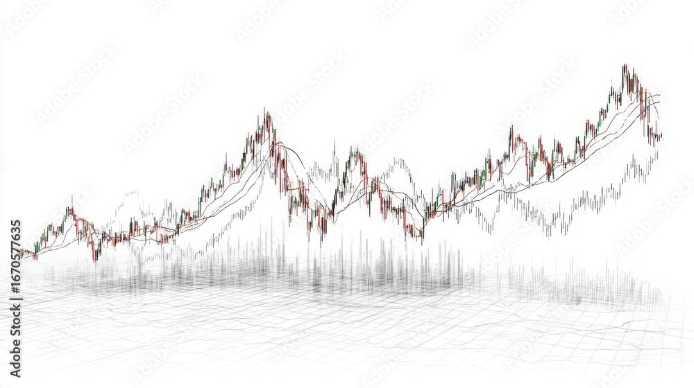 Poster a dynamic financial chart displaying fluctuating market trends with intricate lines and data points 