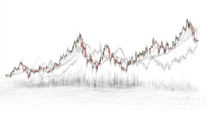 A dynamic financial chart displaying fluctuating market trends with intricate lines and data points over a grid background.