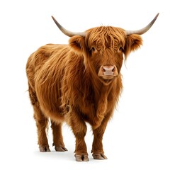 A beautiful highland cattle standing with majestic horns, looking directly at the camera. This fluffy cow is the picture of a calm countryside animal