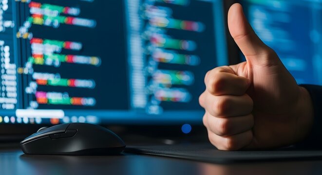 Successful software developer giving thumbs up with code on monitor, showcasing coding success and project approval