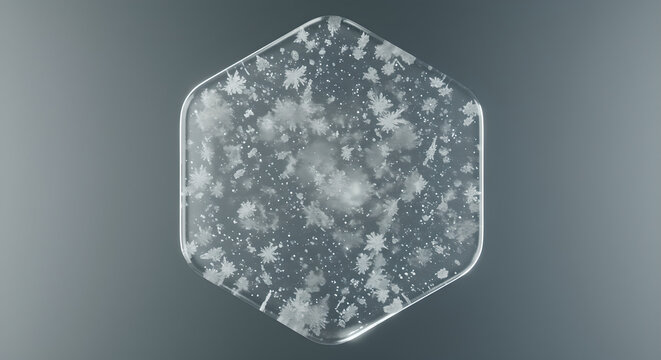 Elegant hexagonal frosted glass with intricate ice crystal formations and delicate snowflakes, minimalist winter background.