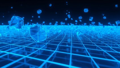 Abstract blue grid background with floating cubes, perfect for technology, science, or futuristic designs and presentations, creating a virtual world