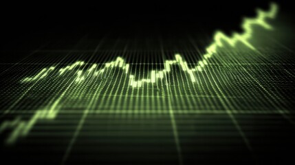 A digital representation of a fluctuating financial graph, showcasing upward trends and market dynamics in vibrant green against a dark background.
