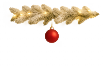 Christmas garland with lights and red ball ornament hanging, transparent background