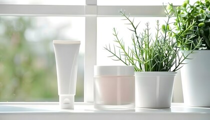 White Cosmetic Tubes and Jars Mockup on Wooden Display with Soft Lighting and Shadow Play 