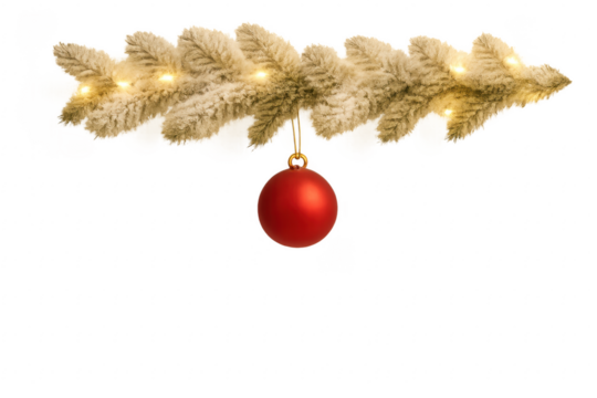 Christmas garland with lights and red ball ornament hanging, transparent background