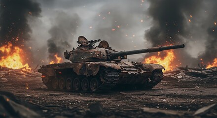 Tank in War Zone Amidst Fire and Smoke.