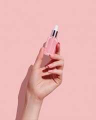 A hand holding a pink glass dropper bottle against a pink background.