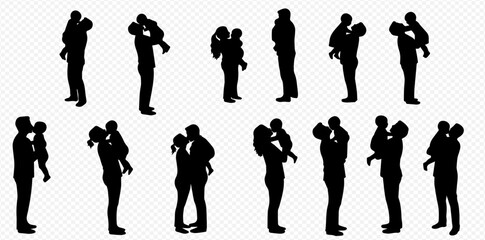 Silhouettes of parents holding and kissing their children, depicting family love and affection in various poses.