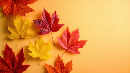 A vibrant arrangement of autumn leaves in shades of red, yellow, and orange against a warm orange background.