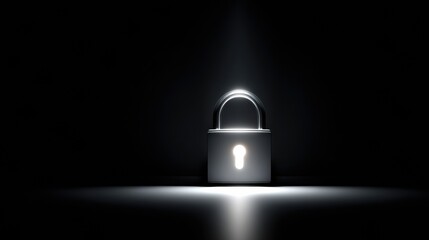 A solitary padlock illuminated by a beam of light, set against a dark background, symbolizing security and protection.
