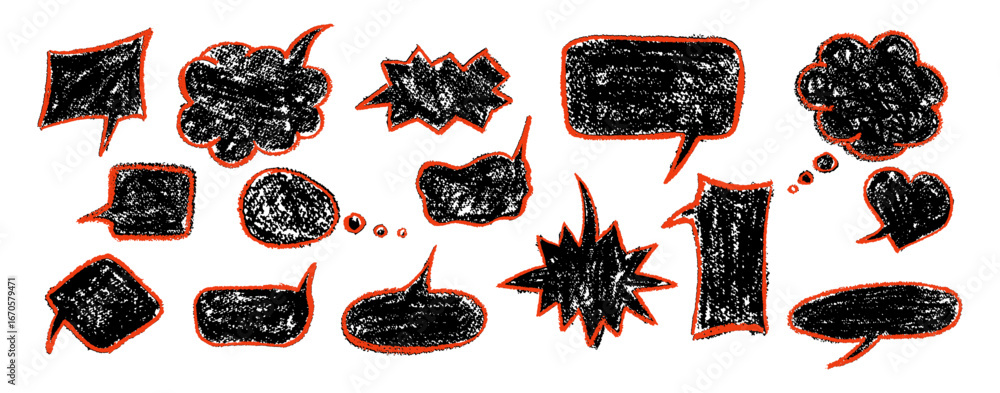 Aufkleber black squiggle speech bubble and cloud shapes with red outline in charcoal texture. blackboard vecto