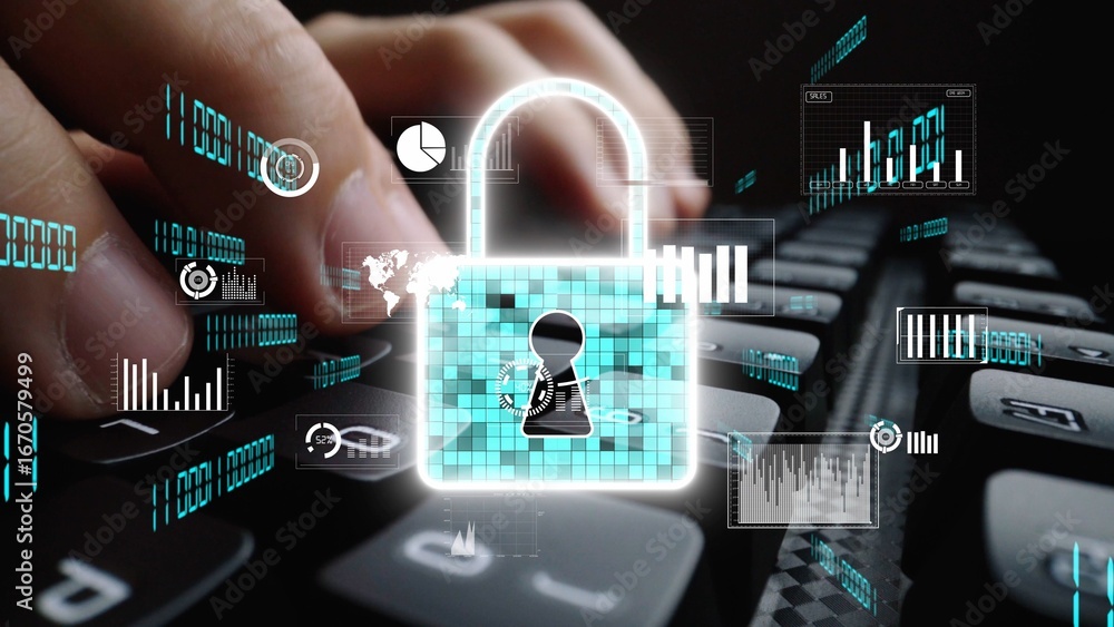 Poster hands are typing on a keyboard in a modern office setting, with a digital lock overlay symbolizing c