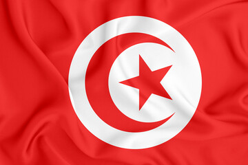 flag of the Republic of Tunisia with a star and a red crescent on a satin fabric with folds and shadows