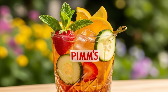 Refreshing Pimms cocktail with fruit and mint garnish.