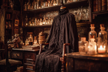 Naklejka premium A witch costume hangs gracefully on a wooden chair, surrounded by autumn-themed items and softly glowing candles in a rustic, Halloween-decorated room, creating an inviting atmosphere