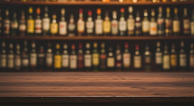 Rustic wooden bar top with a backdrop of softly focused liquor bottles on shelves
