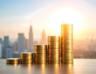 Stacks of gold coins rising against a cityscape, symbolizing financial growth