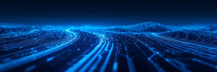 Abstract blue digital data stream flowing on dark background, futuristic technology concept with artificial intelligence and cyberspace connection
