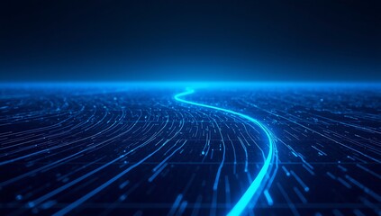 Abstract blue digital data network connection technology background with glowing light trails, representing modern communication and data transfer