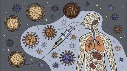 Enhanced vaccines provide improved protection against viruses, showcasing human figure receiving vaccine amidst various virus illustrations