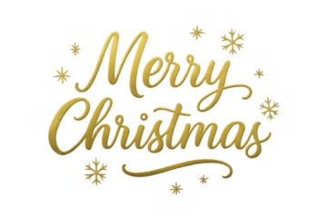 Golden Merry Christmas Lettering with Snowflakes on Transparent Background