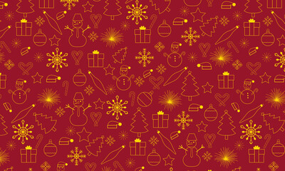 Vector. Christmas and New Year seamless pattern. Yellow holiday decorations on red background.