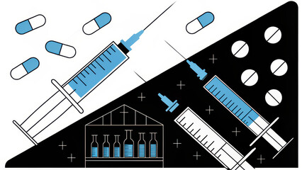 Vaccines and medications represented through syringes and pills, illustrating relationship between new vaccines and existing treatments