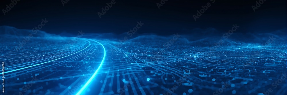 Poster abstract blue digital data network connection technology background with glowing light trails, repre