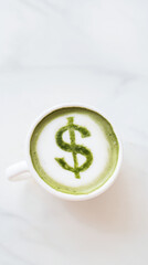 Dollar sign matcha latte, concept of rising tea price from strong demand and scarce supply