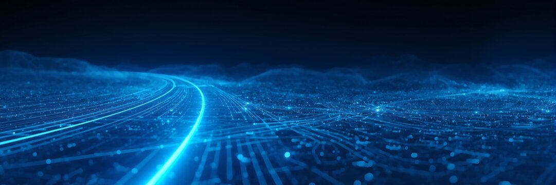 Abstract blue digital data network connection technology background with glowing light trails, representing modern communication and data transfer - Powered by Adobe