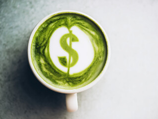 Matcha latte with dollar symbol, concept of price surge from demand and limited supply