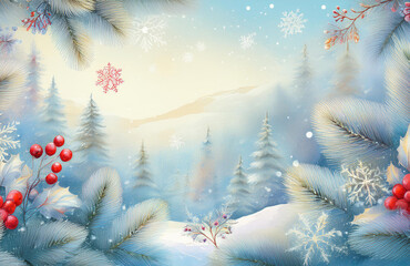 Winter Holiday Background with Snowflakes and Red Berries