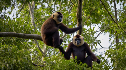 Obraz premium In the early dawn, a male Hainan Gibbon sings a territorial duet with his mate