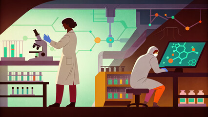 Laboratory scene featuring scientists conducting research with microscope and computer. Colorful graphics illustrate modern scientific environment