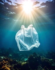 Plastic bag pollution underwater