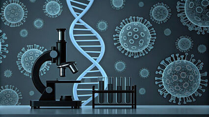 Microscope and test tubes on laboratory table with backdrop of DNA strands and virus illustrations, symbolizing scientific research and innovation