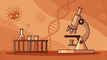Laboratory equipment microscope test tubes DNA strand scientific research synthetic biology genetic engineering virus illustration orange