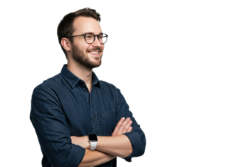 Young caucasian man (30s), dark hair, beard, glasses, denim, smartwatch, arms crossed, warm smile, on transparent studio background with copy space for a corporate professional optimistic portrait.