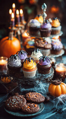 A display of spider cupcakes sits atop a decorative stand amidst pumpkins, candles, and treats, perfectly capturing the spirit of Halloween during the colorful autumn season