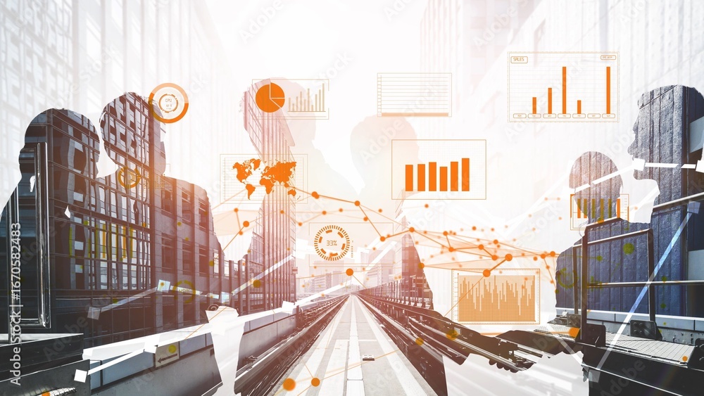 Poster conceptual image of business growth showing abstract silhouettes with financial charts and data visu