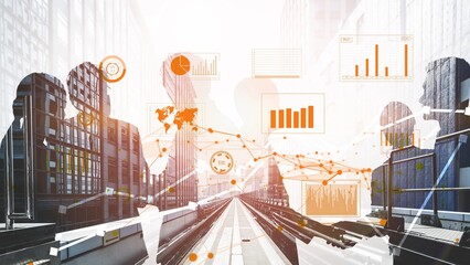 Conceptual image of business growth showing abstract silhouettes with financial charts and data visualizations set against an urban backdrop. Xenic