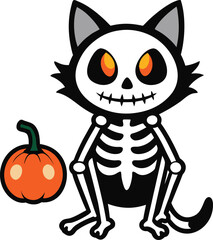 cat skeleton with pumpkin head vector clean whit.